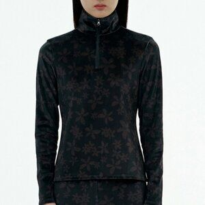 AMOMENTO Flora Print Velour Quarter Zip Up Long Sleeve Size S